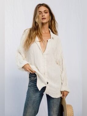 Cream Gauze Oversized Raw Edge Shirt Top